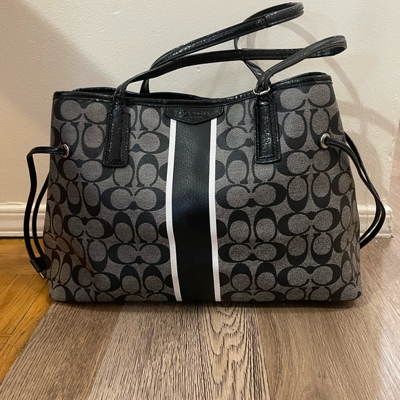 Handbags - Stylish Coach Signature Jacquard Stripe Tote Black and Gray Women's Bag
